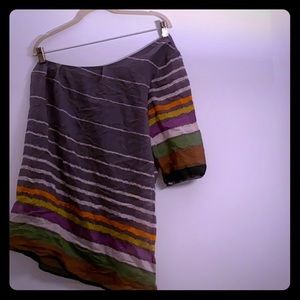 Grey, multicolor, one shoulder dress.